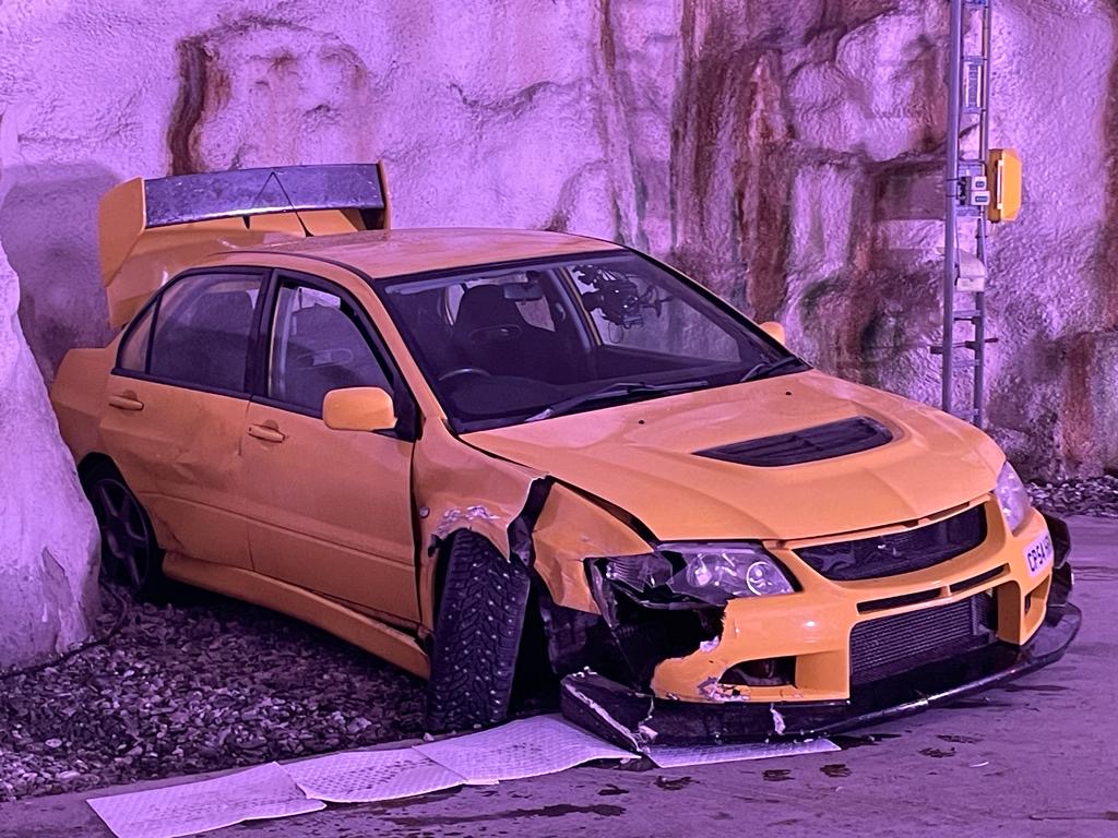 James May's crashed car at the end of the tunnel